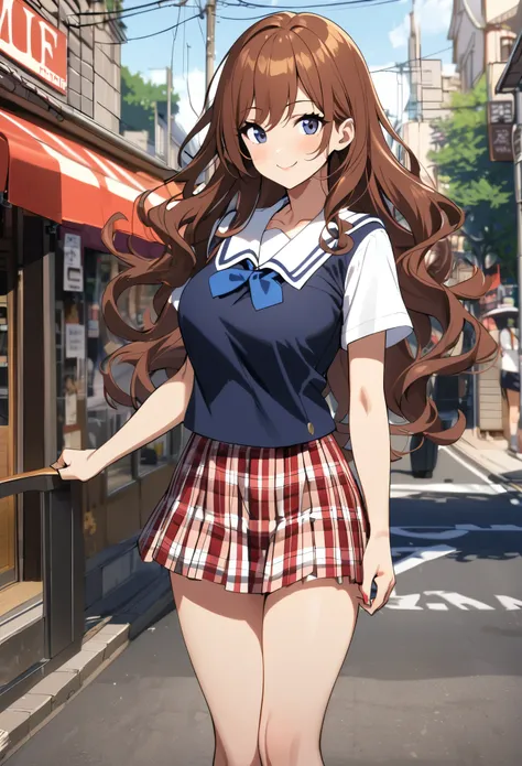 1woman milf, brown hair, wavy hair, long hair, (navy blue school uniform), smile, (street), red plaid mini skirt