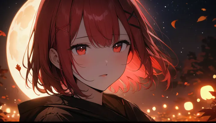 Short Hair, (Red Hair:1.2), X Hair Ornament, Red Eyes,One person,Best Quality, masterpiece, High resolution,highest quality, intricate details, (cinematic lighting), RAW photo, 8k ,high definition detail、Outdoor、night、full moon、Susuki、autumn、Starry Sky、