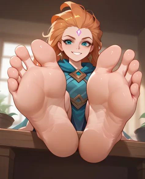 masterpiece, best quality, zoe_(league of legends), smile, barefoot, footstomp, soles, toes, foreshortening, view from below, in...