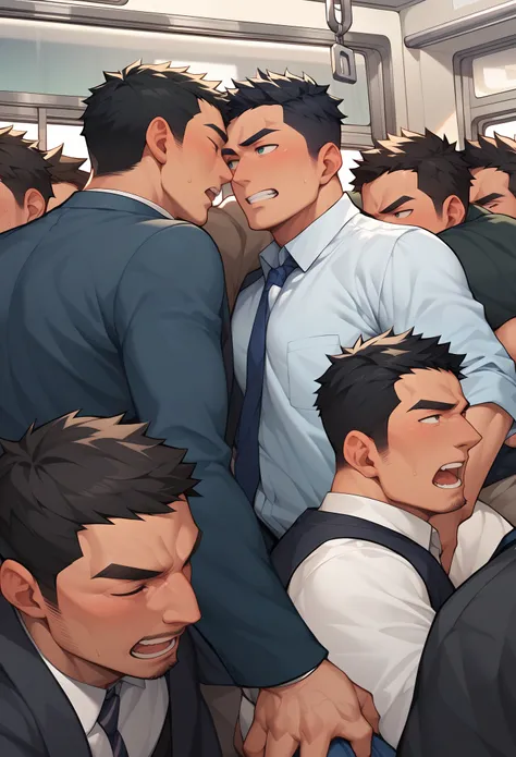 Picture a scene of a crowded train in Japan. There are many Japanese men on the train, one man is pressed up against the train window, and another man is molesting him right behind him. The man has short, dark hair and is a bit hairy.