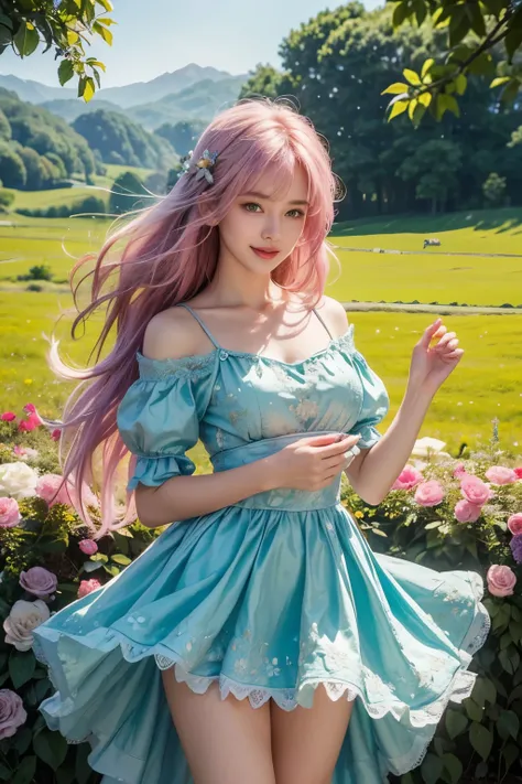 (Best Quality,4K,8K,hight resolution,tmasterpiece:1.2),ultra - detailed,(current,Realistically,realisticlying:1.37),girl in a luxurious blue dress,eyes were shining with joy, her lips were slightly curved,show a gentle smile. The sun casts a warm golden li...