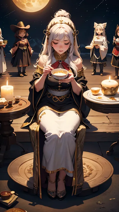 an image of “ a busty toned mom calling stars and summoning dolls to savor cups and plates，when mountain spirits feast，woman shudder with cold”full body