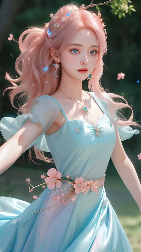 a girl, detailed hair, detailed eyes, shy, facial hair, clover hair ornament, jeweled branch of hourai, jewelry, light blush, light blush, musical note hair ornament, blue dress, princess dress, glowing light, ray tracing, bloom, chromatic aberration abuse...