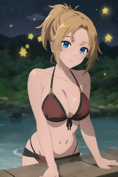 2d anime, woman, zenith greyrat from mushoku tensei, blonde, ponytail, blue eyes, red bikini, sexy, fair skin, masterpiece, best...