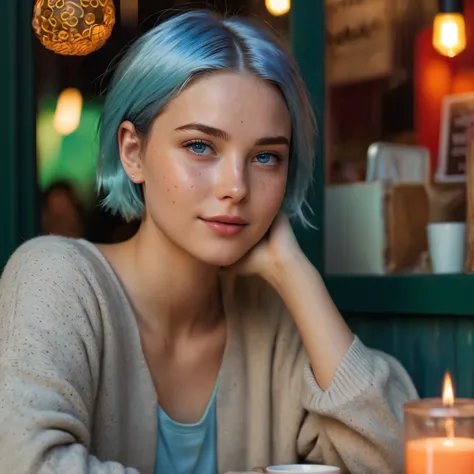 (((Woman, 20 years old, Nordic ethnicity, short blue hair, perfect face, light freckles, blue-green eyes, slight smile))), sitting relaxed at a café table, wearing a stylish autumn outfit in beige. Warm lighting from a nearby candle and neon signs softly i...