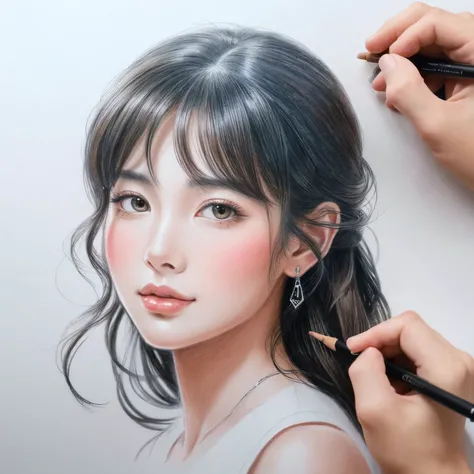 Draw a beautiful woman on a piece of white paper.、Japanese、Realistic、The only technique I can use is colored pencils.、Please draw using hatching only、Art Wallpaper、4K, 8k,