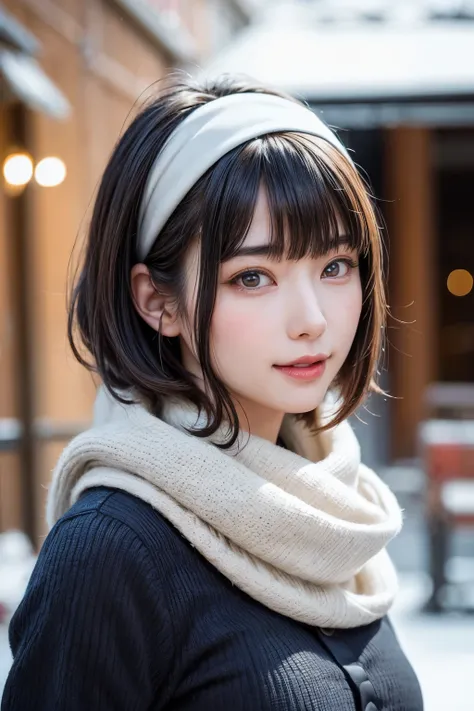 (masterpiece, Best Quality),One Girl, Alone, Black-haired, scarf, Have, Realistic, Realistic, Gazing at the audience, Light-coloured black eyes, Short Brunette Bob, Brown coat, Winter clothes, White headscarf, Lips are banned, Outdoor, Mouth closed, Upper ...