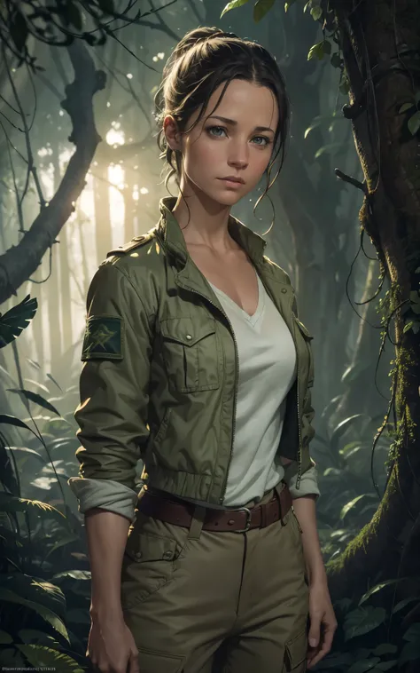 (Evangeline Lilly:Alicia Vikander) ponytail, Explorer in the jungle, white shirt, green jacket, beige cargo pants, year 1925, Lovecraft atmosphere, dark atmosphere, masterpiece, hyperdetailed, trending on artstation, sharp focus, golden ratio, 4k resolutio...