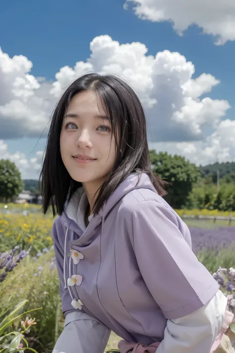 masterpiece, absurdres, hinata(boruto), 1girl, solo,mature female, purple hoodie,layered sleeves, brown pants,  outdoors,lavender flower field, looking at viewer, (falling petals), cloudy sky, perfect composition, detailed lips, big breast, beautiful face,...