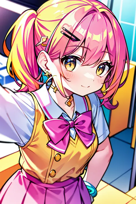 girl in pink school uniform, yellow hair, bright makeup, hairpins, big earrings. lots of bracelets
