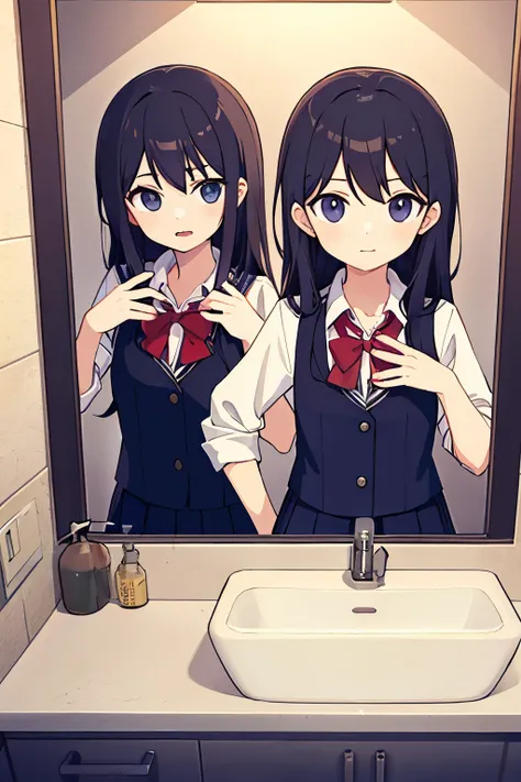 girl in school uniform, school toilet, sink, looks in the mirror.
