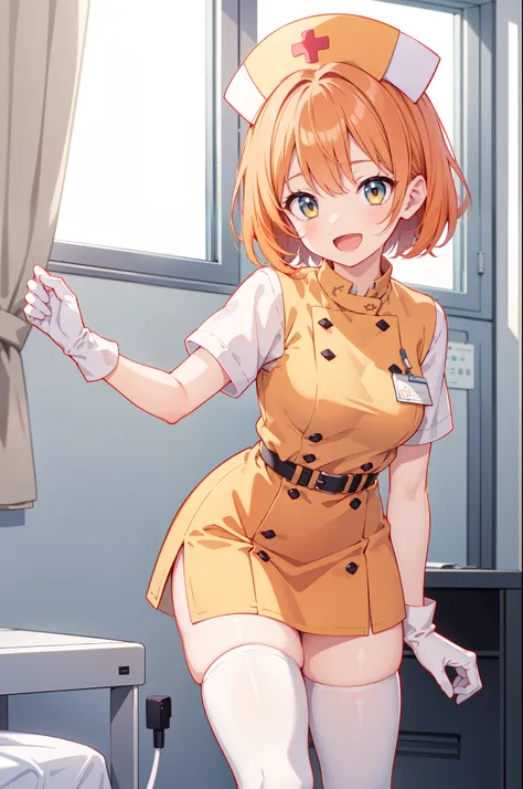 1girl, solo, nurse, nurse cap, white nurse uniform, ((white legwear, zettai ryouiki)), white gloves, very short hair, orange hair, smile, open mouth, standing, ((hospital room)), sharp outline, short sleeves, tomboy, boyish, best quality, masterpiece