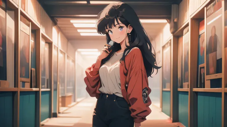 Anime style drawing of a girl with big eyes, brown hair and casual clothes holding a red cassette tape. The background is a white wall with a few posters on it., And it focuses on girls and cassette tapes.. Cassette tapes have a red label. ``1980.... The g...