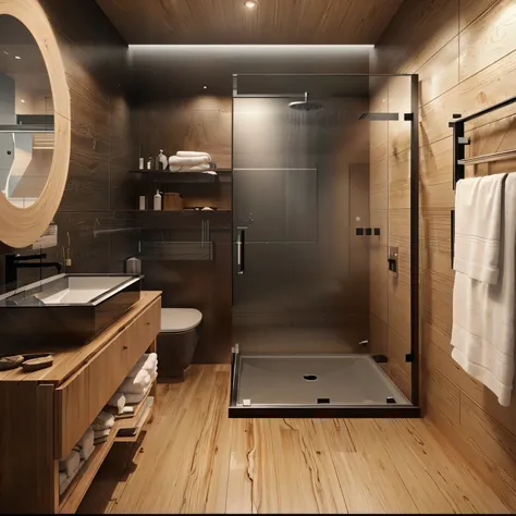 a close up of a bathroom with a sink and a shower, modern bathroom, premium bathroom design, wood accents, marble and wood and glass, bathroom, clean and simple, functional and elegant look, very realistic render, black color scheme, unreal engine realisti...