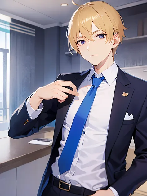 upper body,
shiny skin、masterpiece、Best Quality、
break (2 male:1.5) and (Blonde short hair) and (Purple eyes), (Wearing a suit:1.3) and (Blue tie) break 
confused, The background is the conference room、(alone:1.5)