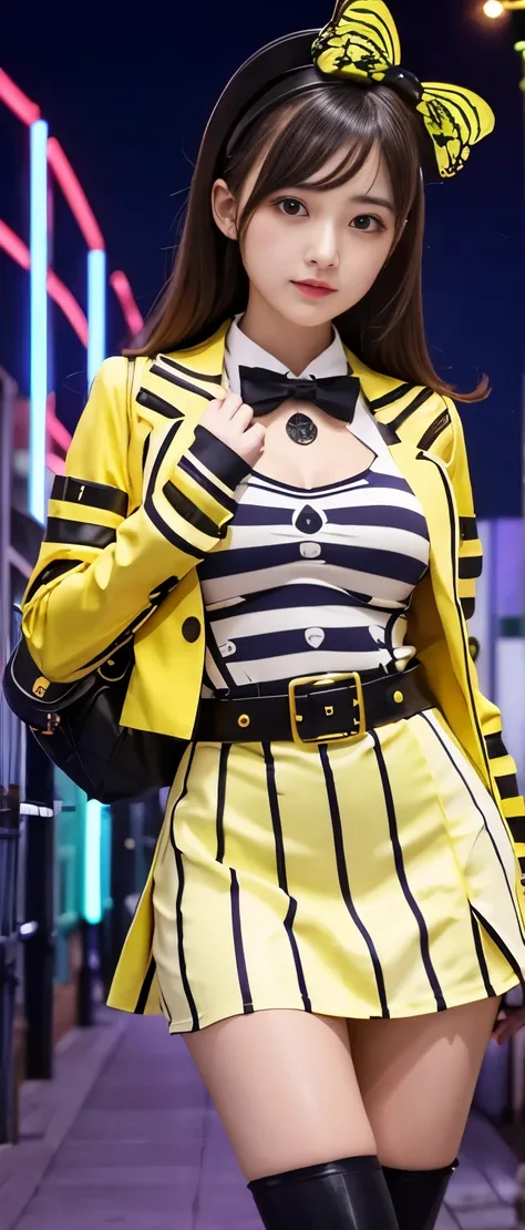 Gorgeous idol girl、whole body、Good style、、、、、、、、、、Thick legs、Steampunk Striped Tight Dress（Fluorescent yellow and white）、Formal jacket、Cool girl face、、、、Skull belt、、Glowing Skeleton Bee、Colorful night beehive、