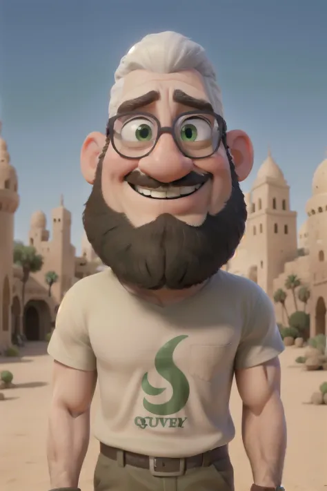 Disney pixar style, best quality, bald, white skin, green eyes, wearing glasses, large Arabic style beard, wearing desert beige t-shirt.