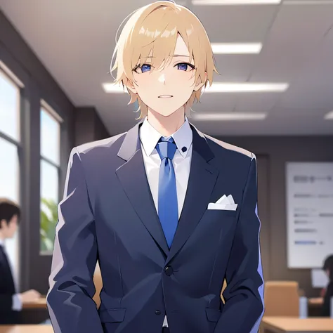 upper body,
shiny skin、masterpiece、Best Quality、
break (2 male:1.5) and (Blonde short hair) and (Purple eyes), (Wearing a suit:1.3) and (Blue tie) break 
confused, open mouth,The background is the conference room、(alone:1.5)