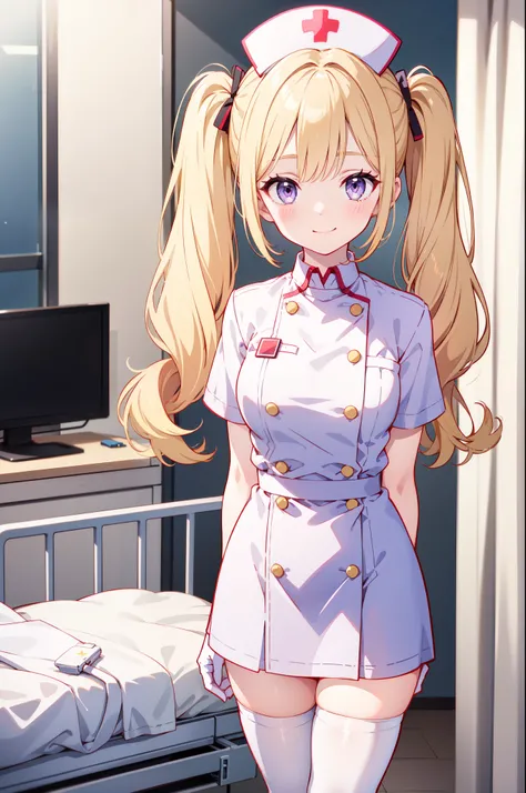 1girl, solo, nurse, nurse cap, white nurse uniform, ((white legwear, zettai ryouiki)), white gloves, twintails, yellow hair, purple eyes, smile, standing, ((hospital room)), sharp outline, short sleeves, best quality, masterpiece