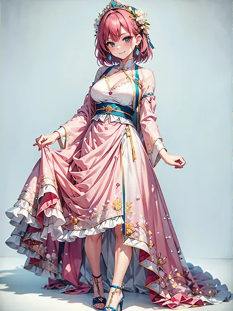 High resolution, masterpiece, Anatomically correct, Ultra high definition, One girl, Blushing, smile, Shortcuts, Simple Background, Earrings, Pink Hair, Big eyes、Choker、Floral long skirt、High heels