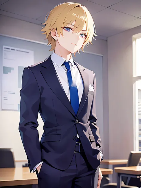 upper body,
shiny skin、masterpiece、Best Quality、
break (2 male:1.5) and (Blonde short hair) and (Purple eyes), (Wearing a suit:1.3) and (Blue tie) break 
worried, Standing、
The background is the conference room、(alone:1.5)