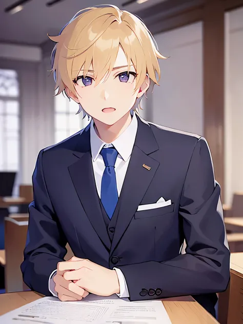 (looking at viewer:1.5),upper body,
shiny skin、masterpiece、Best Quality、
break (2 male:1.5) and (Blonde short hair) and (Purple eyes), (Wearing a suit:1.3) and (Blue tie) break 
worried,open mouth, 
The background is the conference room、(alone:1.5)