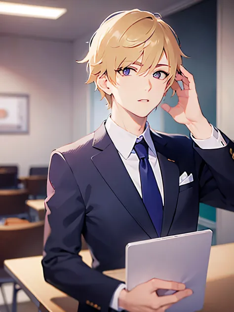 (looking at viewer:1.5),upper body,
shiny skin、masterpiece、Best Quality、
break (2 male:1.5) and (Blonde short hair) and (Purple eyes), (Wearing a suit:1.3) and (Blue tie) break 
worried,open mouth, 
The background is the conference room、(alone:1.5)