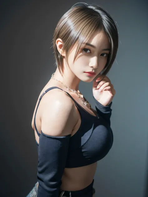 20 year old Japanese beauty，One woman、Muscular body like a bodybuilder、Emphasize the breasts、Slit eyes、A head-to-toe view，Bust is very very large、The background is a bed、High quality photos、Clear, crisp images of the lower body、Masterpiece 8k、From the fron...