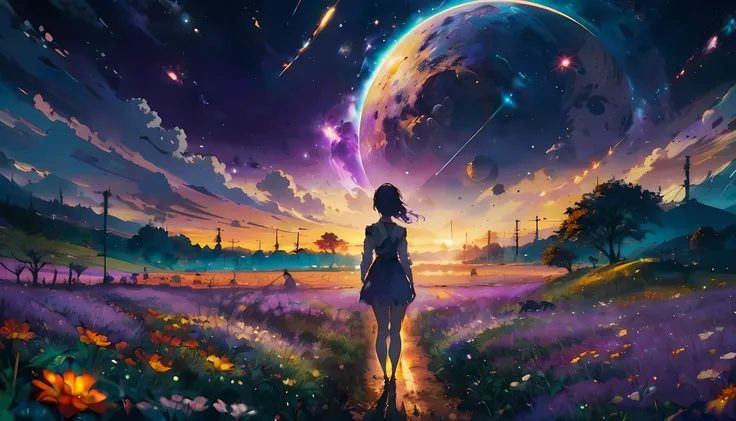 expansive landscape photograph , (a view from below that shows sky above and open field below), a girl standing on flower field looking up, (full moon:1.2), ( shooting stars:0.9), (nebula:1.3), distant mountain, tree BREAK
production art, (warm light sourc...