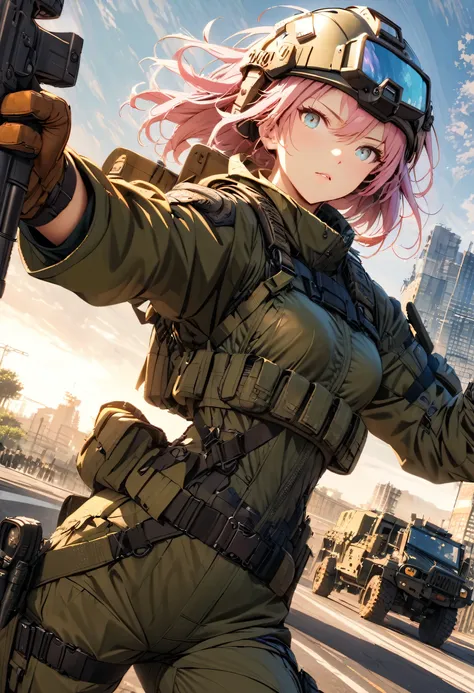 metal gear solid style, (detailed intricate full cover tactical helmet:1.3), (pink hair), Cowboy shooting, dynamic poses, 1 girl, alone, Ray tracing, (masterpiece), (best quality), (detailed), (detailed tactical gear:1.1), (body protective gear:1.1), comba...