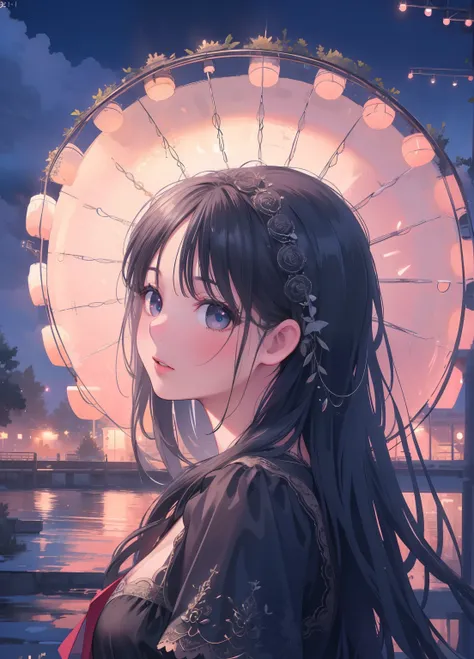 (8k, RAW photo, best quality, masterpiece:1.2), (realistic, photo-realistic:1.37) , 1girl, (carousel, night), miaoxiaoji(secret_tea), detailed face, detailed eyes, black dress