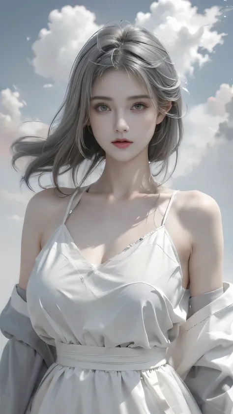 floating in the white clouds，very beautiful girl，((gray hair))，(((magic effect painting，merge with the white clouds)))，bright ey...