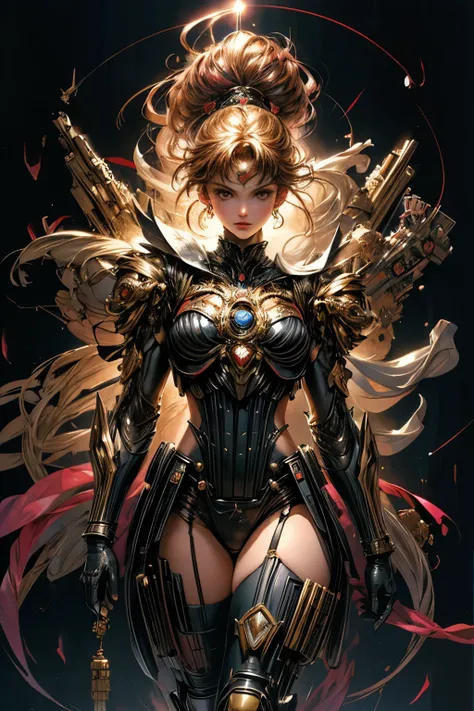 Awe inspiring , surreal structured mix media art, embroidered Beautiful Super Model, art by Luzia Caldari, Carne Griffiths and Vanessa Barragao. Black background , Full body pin up illustration of a rebel shock trooper, anti-heroine, gorgeous, sullen, viva...