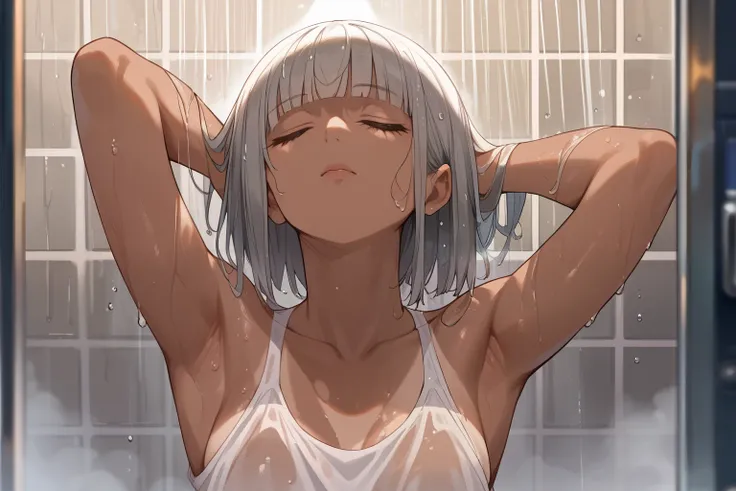 score_9, score_8_up, score_7_up, score_6_up, arms up, closed eyes, armpits, shower, wet skin, wet hair, water droplets, fog, mist, steam, head back, hime cut, medium hair, green eyes(detailed), shower room, brown skin, tan lines, silver hair