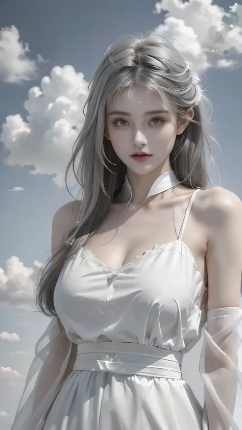 floating in the white clouds，very beautiful girl，((gray hair))，(((magic effect painting，merge with the white clouds)))，bright ey...