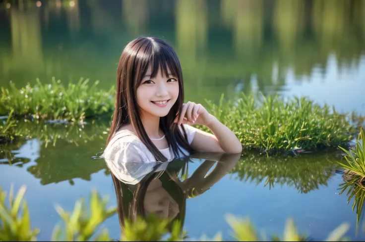 Best Quality　masterpiece　detailed　A super cute girl smiles and admires the beautiful reflections of Lake Shikotsu　Photo style　Fantasy　Fantasy