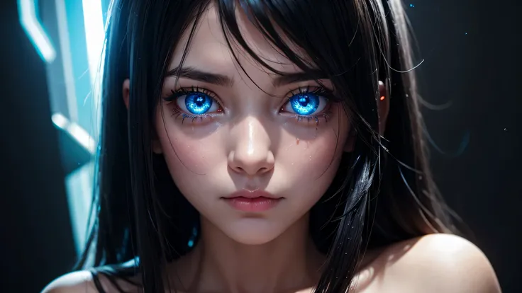 A pretty and young girl with blue glowing and enchanting eyes crying, sad, emotional, black hair, long and bushy eye lashes, bleeding, wounded