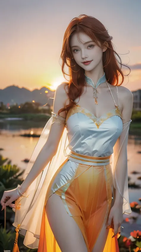 Very beautiful girl，20 years old，(Smile),((Redhead hair))，(((Magic effect painting)))，Bright eyes，Fair and translucent skin，（masterpiece），Healthy body（Large Breasts：1.2）,（Ultra-delicate），Colorful fairy costumes(Transparent clothes with gradient)，((Colorful...