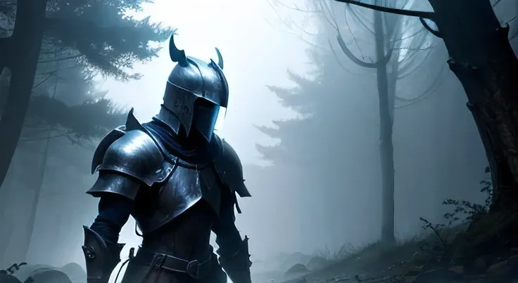 hard fog, sad knight, fantasy elements
