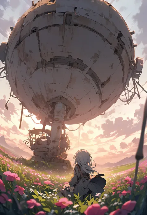 A decaying tank in the middle of a vast flower field、Girl playing