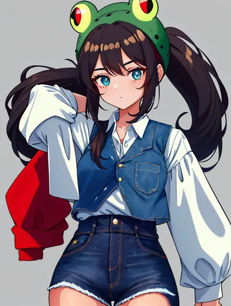 1 girl, two ponytails, a brunette, a frog hat on her head, a frog hat, high legs, (dark blue jeans with a high waist), (a white shirt with sleeves), (a red vest), green sneak
