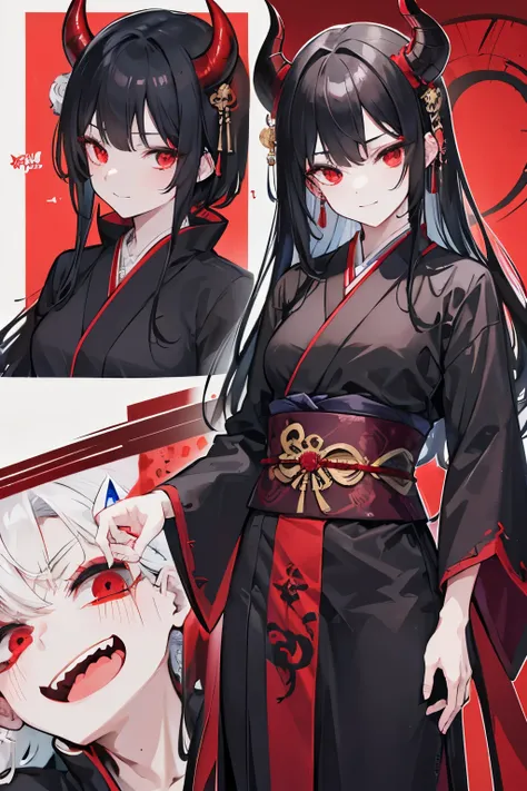 High Resolution, Anatomically Correct, HD, Textured Skin, Male, Black Hair, Devil Horns, Evil Face, Red Eyes, Evil Smile, Ancient Japanese CostumeThree Sided View, Character Sheet Full-Length, Full shot