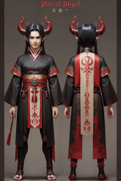 High Resolution, Anatomically Correct, HD, Textured Skin, Male, Black Hair, Devil Horns, Evil Face, Red Eyes, Evil Smile, Ancient Japanese CostumeThree Sided View, Character Sheet Full-Length, Full shot