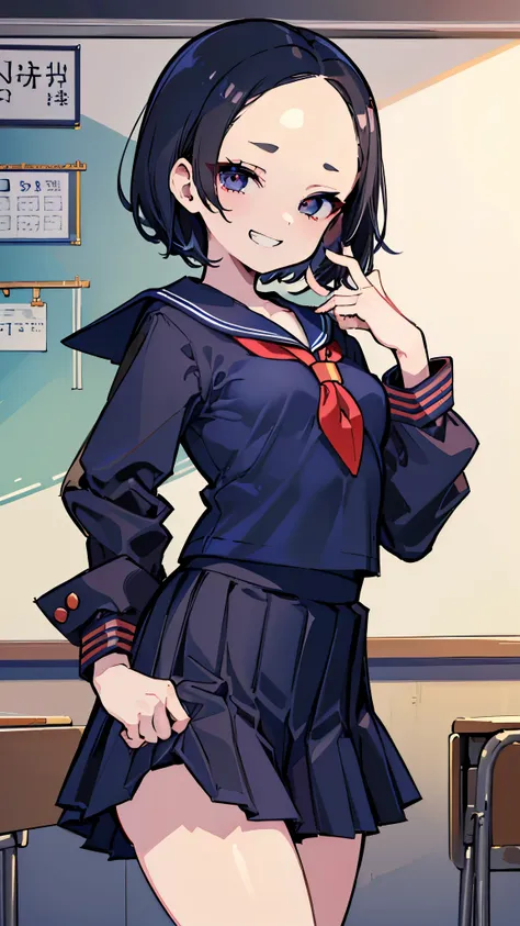 ((masterpiece、Best Quality、Very detailed))、One person、Black Hair、Short Hair、((forehead))、Grey Eyes、evil smile、((Grin))、((Small breasts))、((sailor suit))、((Navy blue pleated skirt))、、Uboy Shot、Classroom Background