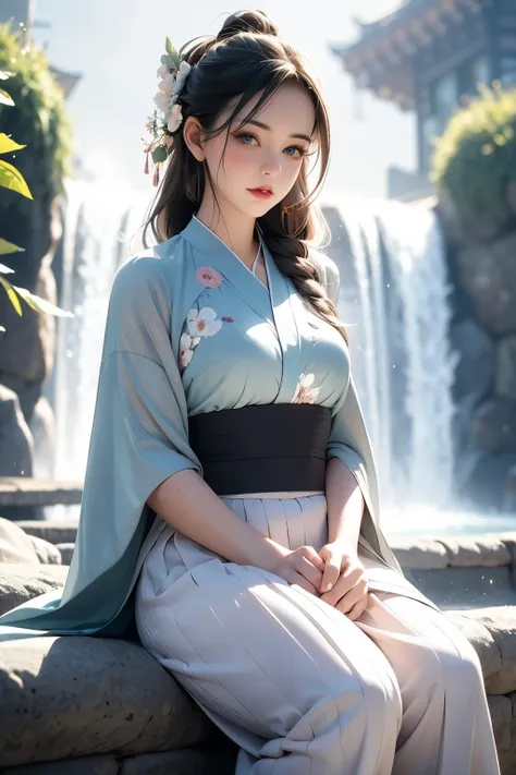 shukezouma,masterpiece, highres, best quality, professional lighting, photon mapping, radiosity, physically-based rendering,1girl solo, sitting,countless waterfalls flowing down from the mountains, pine trees and flowering trees,hanfu, song style outfits, ...