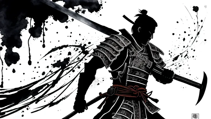 monochrome　A dynamic ink painting of a samurai, Hold the sword