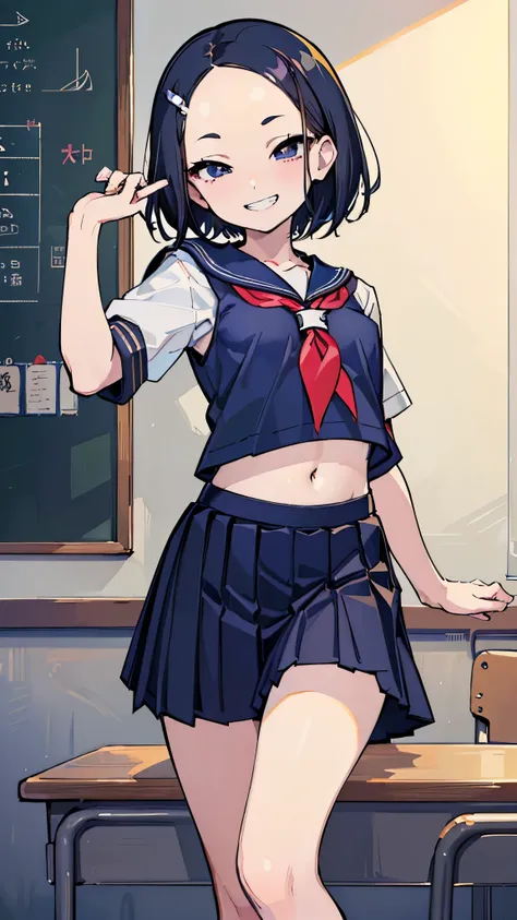 ((masterpiece、Best Quality、Very detailed))、One person、Black Hair、Short Hair、((forehead))、Grey Eyes、evil smile、((Grin))、((Small breasts))、school uniform、((sailor suit))、belly button、((Navy blue pleated skirt))、Cowboy Shot、Classroom Background