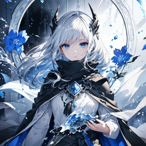 high quality, masterpiece, Delicate hair, Delicate eyes, Delicate hair, ((masterpiece, 最high quality)), high quality, masterpiece, Delicate hair, Delicate eyes, One girl,(White Hair)),blue eyes,Daikon,Long Hair,Dragon Horn,(Mirror Sword),(loose Long Hair),...