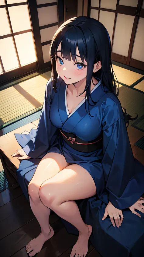 adult woman,anime,High angle,looking up,downturned eyes,blue eyes,small nose,full lips,medium black hair,playful smile,dark blue kimono,bangs,overweight,sitting,Japanese room,overweight,drunk