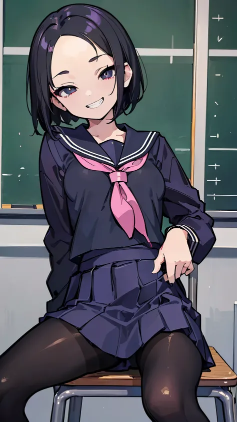 ((masterpiece、Best Quality、Very detailed))、One person、Black Hair、Short Hair、((forehead))、Grey Eyes、evil smile、((Grin))、((Small breasts))、((school uniform))、((sailor suit))、((micro miniskirt))、((black pantyhose))、Sit at a desk、((spread legs))、Cowboy Shot、cl...